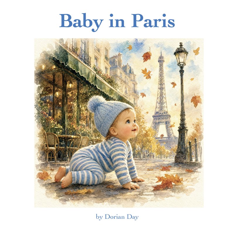 Baby in Paris book cover, watercolour illustration of a baby exploring Paris